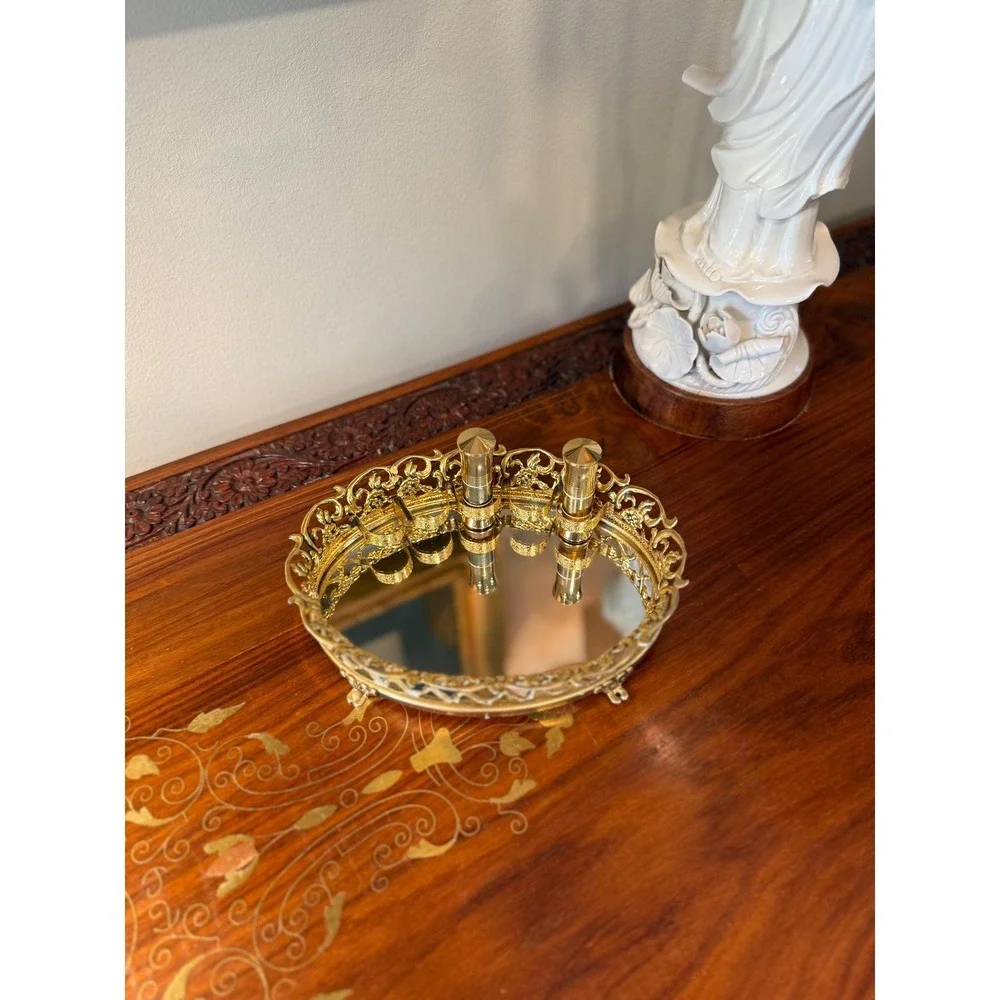 Vintage‎ Gold Ormolu Lipstick Holder - Mirrored Vanity Tray